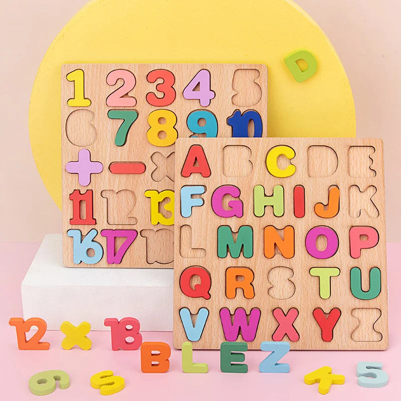 Wooden Puzzle Alphabet, Number or Shape Matching Board – Early Learning Fun!